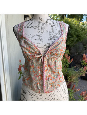 American Eagle Tie Top Fairy Coquette Floral Pink Orange Green Lace Cami XS